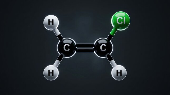 3D molecular model of vinyl chloride molecule on dark background.