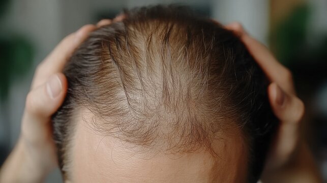 An individual with a receding hairline is holding back their thinning hair, showcasing early signs of male pattern baldness in a close-up view.