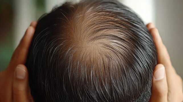 Individual with receding hairline holds back thinning hair in a close-up shot highlighting early male pattern baldness