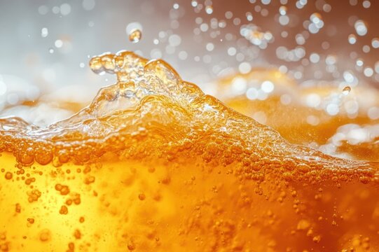 Close-up of golden fizzy liquid with rising bubbles and splashing foam conveying lively, refreshing energy