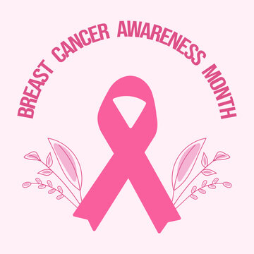 Breast Cancer Awareness Month pink ribbon illustration with floral elements. Flat vector illustration. Support, solidarity, community, campaign, charity.