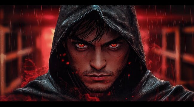 Hooded cloaked figure standing in pouring rain with smoky red backlight, face obscured by a dark blur square and faint glowing red eyes, menacing and ominous atmosphere