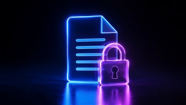 Neon document icon with padlock symbolizing data privacy