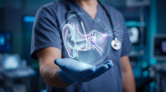 Doctor holding holographic ear anatomy model in hospital with Medical professional stethoscope holding digital ear diagram interactive technology innovation healthcare laboratory treatment