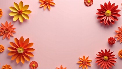 Fototapeta premium Scattered autumn flowers around soft pink background