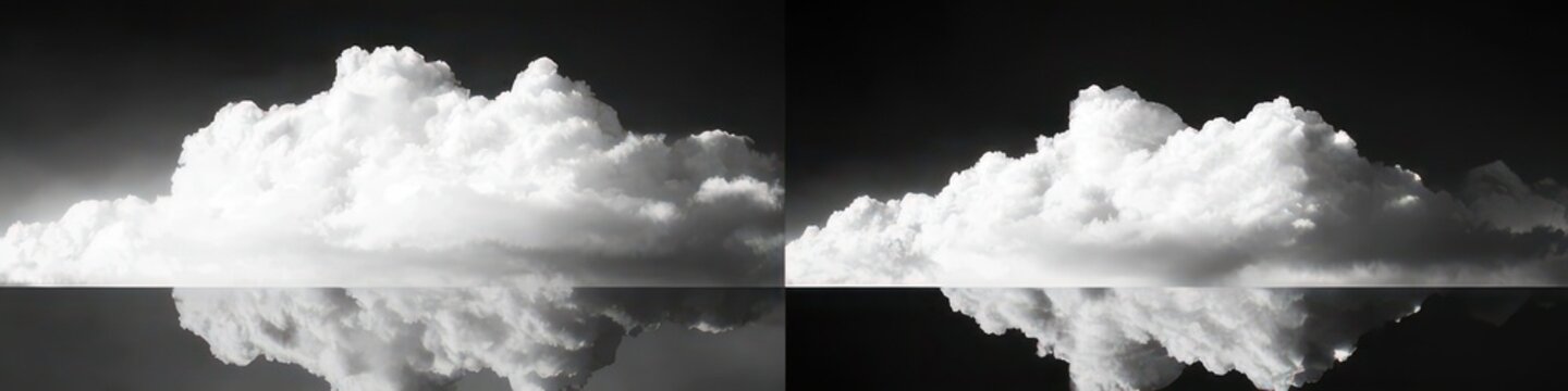 black and white diptych of billowing clouds mirrored across a calm water horizon, serene symmetrical reflection and surreal tranquil mood
