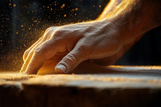 close-up of a hand brushing sawdust across a wooden surface with golden backlit dust particles, conveying focused, tactile craftsmanship