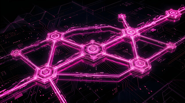 Glowing pink digital network nodes connected by data lines on a dark background