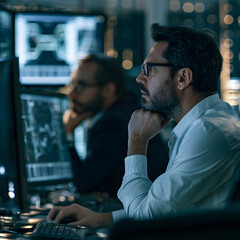 Fototapeta premium Focused Professional in Modern Office Working with Complex Data