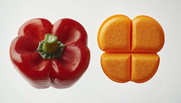 fresh vibrant red bell pepper with green stem beside an orange bell pepper cross-section showing four lobes on a clean white background, minimal and appetizing