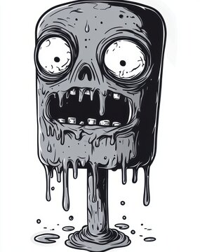 melting skull popsicle on a stick with bulging eyes, jagged teeth and dripping goo, eerie horrified expression and puddles beneath