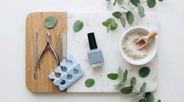 Manicure tools, blue nail polish, and a bowl of sea salt on a wooden and marble board decorated with eucalyptus leaves