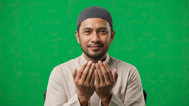 Smiling Mature Asian Muslim Man Praying and Making Dua Gesture Isolated on Green Screen Chroma Key