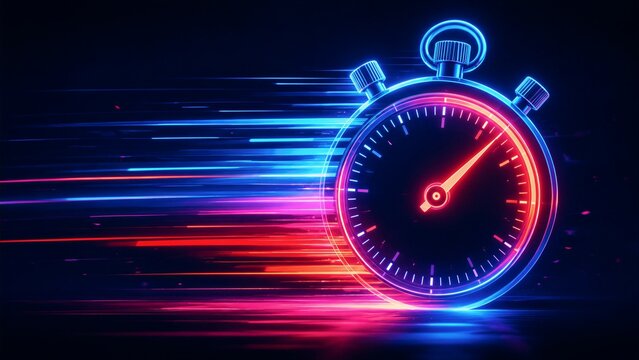 Neon stopwatch illustrating speed and motion in dark space