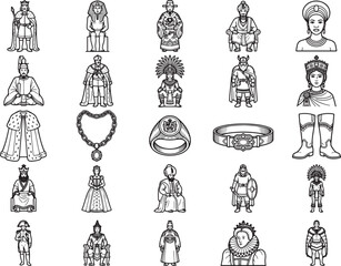 Fototapeta premium A collection of royalty and regal figures, adorned in historical attire and ceremonial regalia, presented in a stylized monochrome illustration.