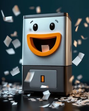 Joyful metallic paper shredder with cartoon smiling face and orange mouth scattering torn papers and confetti on a dark teal background