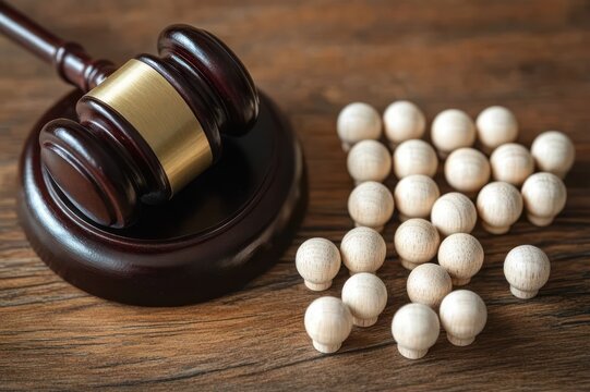 wooden judge gavel on sound block beside scattered light wooden spheres and tokens on a wood table, evoking authority, judgment and legal decision
