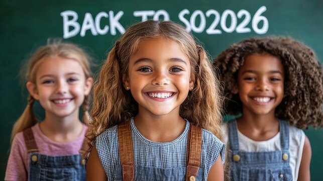 Three children wearing denim overalls stand confidently in front of a chalkboard that reads 'back to school 2025', eager and proud on their first day of school