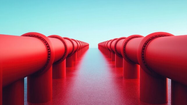 symmetrical red industrial pipelines receding into the horizon over a reflective wet surface beneath a clear turquoise sky, conveying a futuristic and vast atmosphere