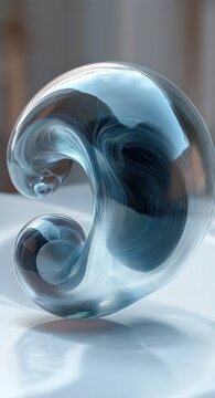 translucent glass swirl sculpture with marbled dark blue interior, glossy reflective spiral floating on a soft neutral surface, calm elegant futuristic mood
