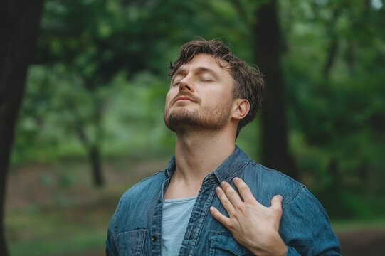 young man in denim shirt standing in a forest with hand on chest looking upward in a moment of relief and calm