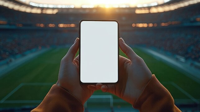 Hands holding a blank-screen smartphone in a packed stadium overlooking a football pitch at sunset, capturing excited anticipation of a live match
