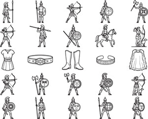 Obraz premium A collection of illustrated ancient Greek warrior figures, both male and female, showcasing various poses, armor, weapons like spears and bows, and accouterments such as shields, helmets, and cloaks.
