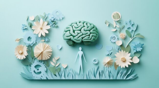 paper-cut green brain above a standing human silhouette surrounded by floral paper cutouts, gears, hearts and grass, evoking calm growth and mental wellbeing