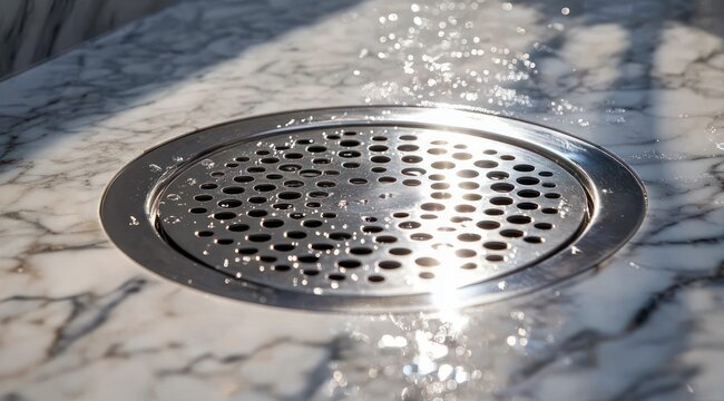 sunlit perforated metal drain set in wet veined marble countertop with scattered water droplets, sparkling reflections and a serene, clean atmosphere