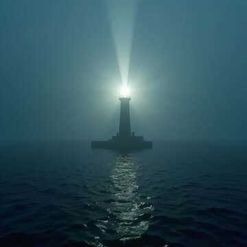 A lighthouse beam cutting through fog over a dark ocean, symbol of guidance and hope