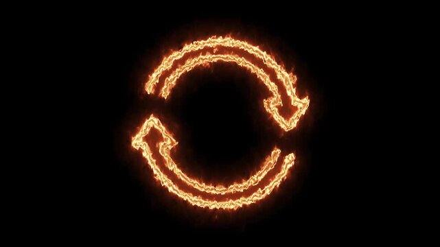 Glowing fire refresh icon with bright orange flames isolated on a black background