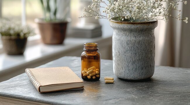 amber glass bottle of capsules beside a closed notebook and a ceramic vase of white baby's breath on a sunlit table by a windowsill with potted plants, calm cozy morning scene