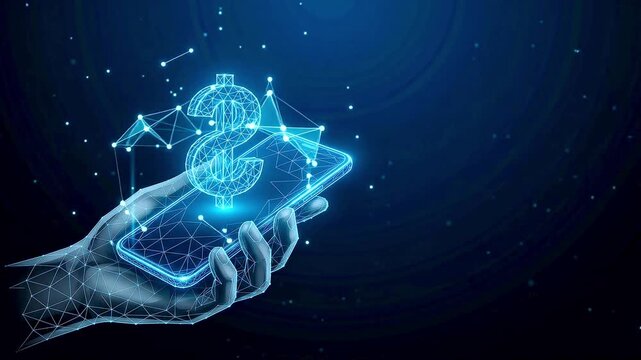 Futuristic digital money concept. Low poly wireframe hand holding smartphone with glowing dollar sign hologram, financial technology network.