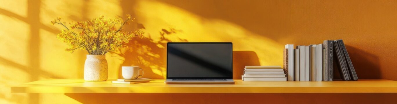 sunlit cozy home workspace with laptop, stack of books, cup and saucer, vase of yellow flowers on wooden shelf against warm orange wall with window shadows