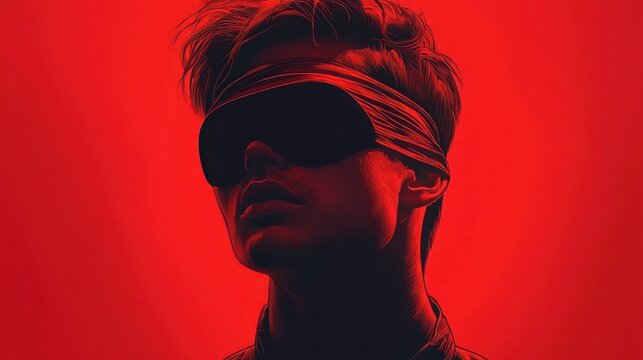 silhouette of a person with a blindfold and a dark square obscuring the face against an intense red background, evoking anonymity and unease
