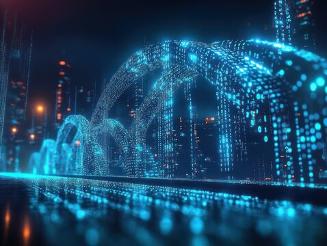 glowing turquoise digital arches and cascading data streams across a futuristic nighttime cityscape, evoking awe and technological wonder