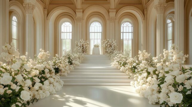 sunlit grand ceremonial hall with wide white stair aisle lined with abundant white roses and floral arrangements, arched windows, classical columns and a pedestal altar, serene romantic mood