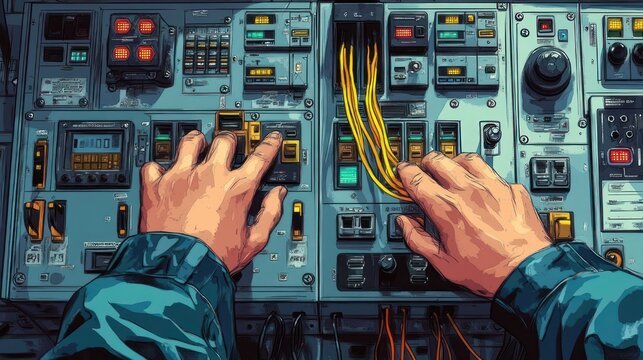 two hands operating a complex industrial control panel with switches, buttons and exposed yellow wires, focused and tense hands-on repair action