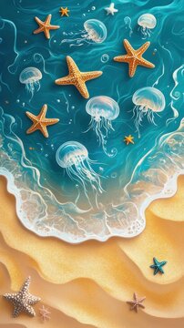 Aerial view of turquoise shoreline with translucent jellyfish drifting among starfish over foamy waves and golden sand, evoking a peaceful, dreamy mood