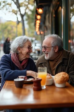 Older couple sharing a cozy outdoor caf&eacute; breakfast with pastries and orange juice, leaning close in a warm affectionate autumn morning moment