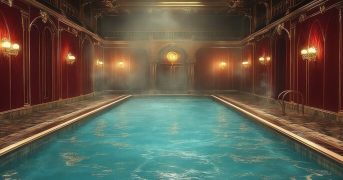 opulent indoor vintage swimming pool with turquoise water, rising steam, red velvet paneled walls, gilded sconces, marble deck and balcony, serene and mysterious atmosphere