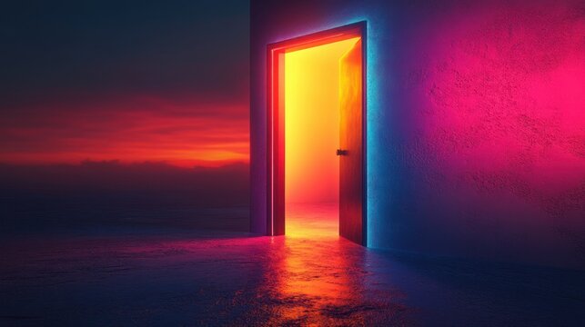 Open doorway bathing a textured wall in neon blue and pink with warm golden light spilling onto a reflective floor beside a calm ocean sunset, mysterious and inviting