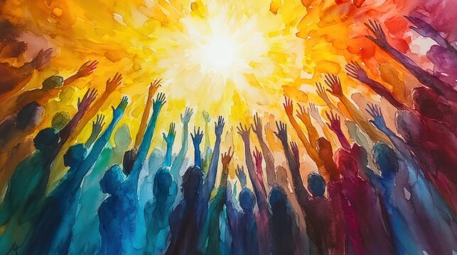 colorful crowd of silhouetted people with raised arms reaching toward a radiant golden light, conveying unity, hope, joy and uplifting celebration