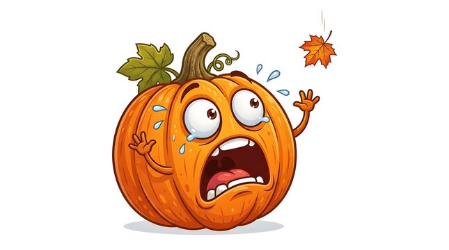 Cartoon pumpkin character with a terrified, screaming expression, sweating and reacting to a falling orange autumn maple leaf on white background