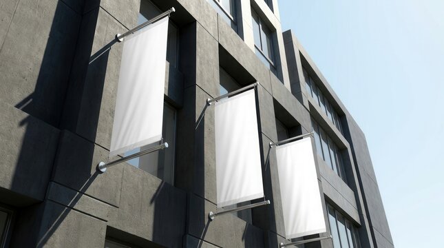 Mock up of white signboard banners for product placement on a building exterior street view