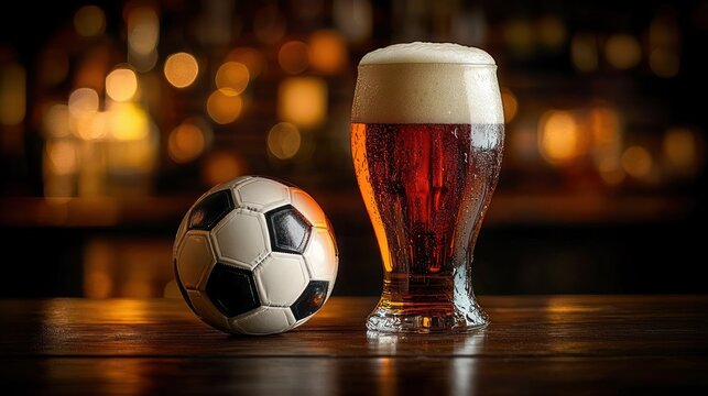 Amber pint of beer with frothy head beside a black-and-white soccer ball on a wooden bar, warm bokeh lights creating a cozy, excited match-night atmosphere