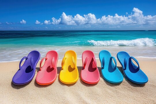 six colorful flip-flops lined up on golden sandy beach with turquoise sea, gentle waves and blue sky dotted with fluffy clouds conveying sunny relaxed summer joy