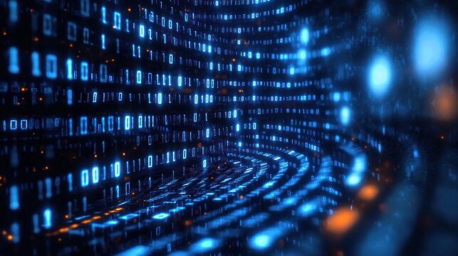 Immersive glowing blue binary tunnel of ones and zeros with orange data highlights and bokeh lights, a curved digital corridor conveying futuristic mysterious dynamic flow