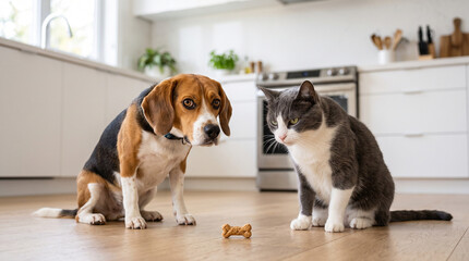 Plakat Cute pets sitting together at home AI generated