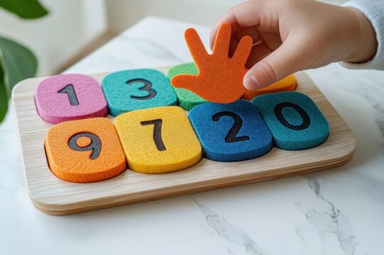 child's hand placing an orange foam hand piece on a wooden board with colorful foam number tiles 1 3 9 7 2 0, playful early learning and exploration
